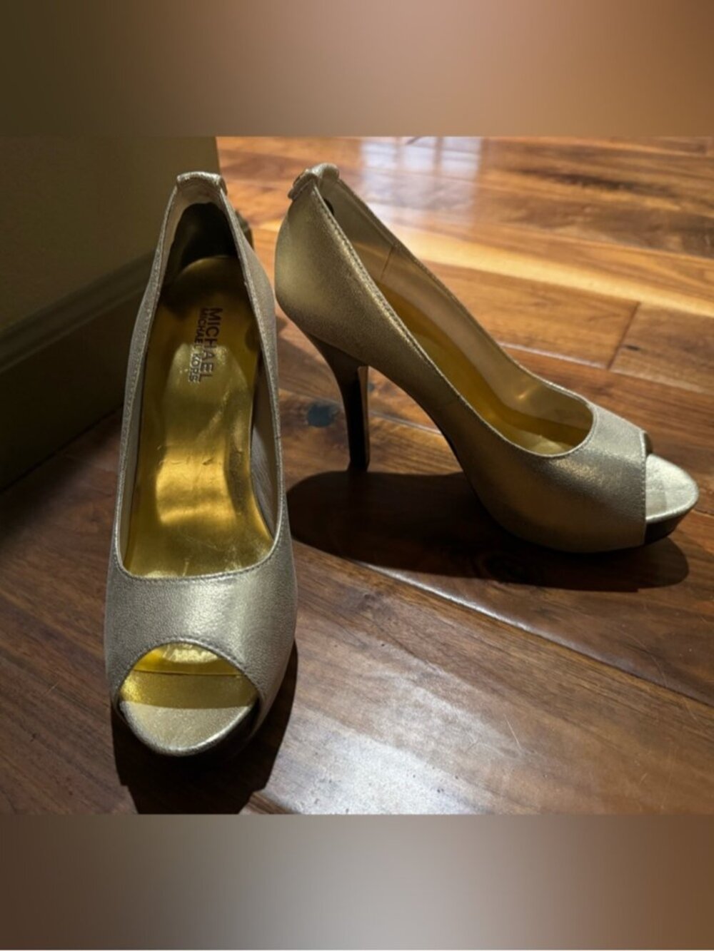 Michael Kors Shoes Metallic Bronze Gold Leather Platform Peeptoe 8